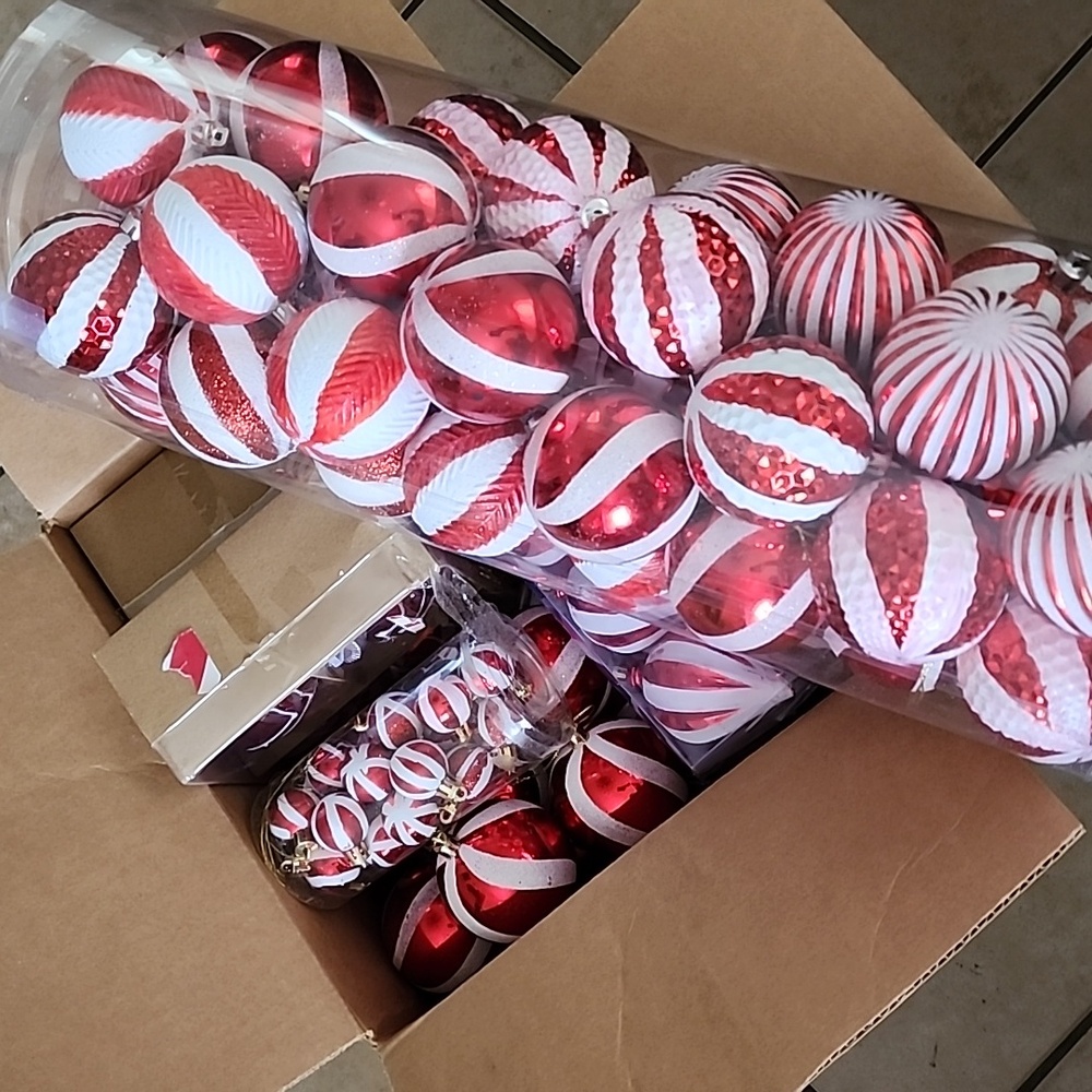 Red and White Christmas Ornaments Lot Plus Hat Topper